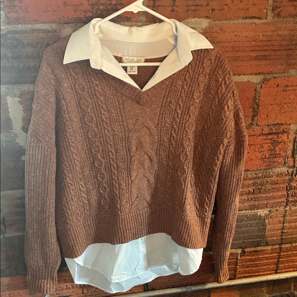 Rachel Zoe Cable & Gauge Brown V-Neck Sweater
